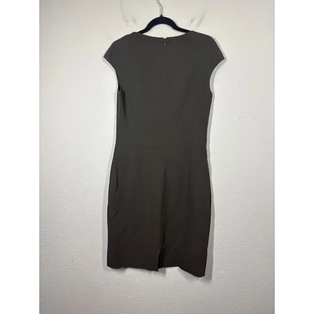Michael Kors Sheath Pencil Straight Midi Dress Brown V-Neck Cap Sleeves Career
